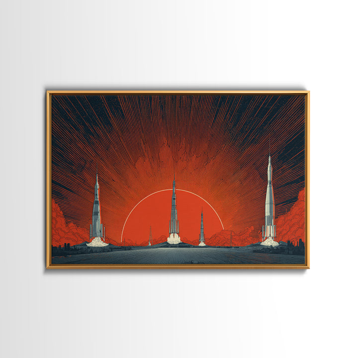 Rocket Sunscape Wall Art, Retro Futuristic Space Poster, Midcentury Modern Art Print, Large Atomic Orange MCM Wall Decor