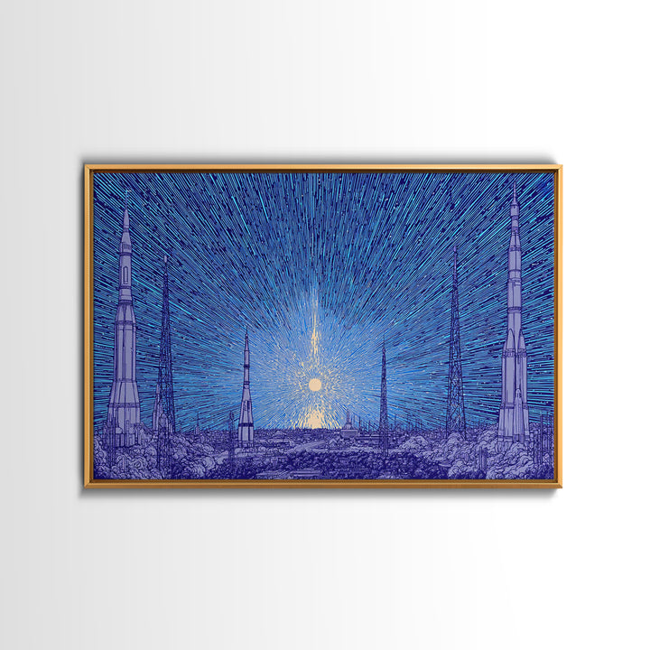 Blue Rocket Skyline Canvas Print, Retro Sci Fi Space Poster, Midcentury Modern Wall Art, Starry Atomic MCM Office Decor Print