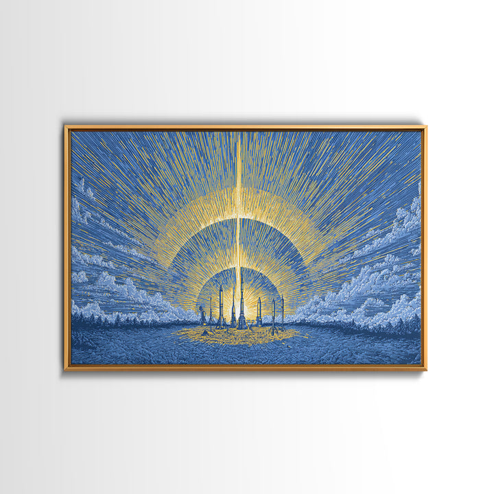 Blue Solar City Wall Art, Futuristic Sunrise Poster, Midcentury Modern Art Print, Retro Space Abstract Large MCM Home Decor
