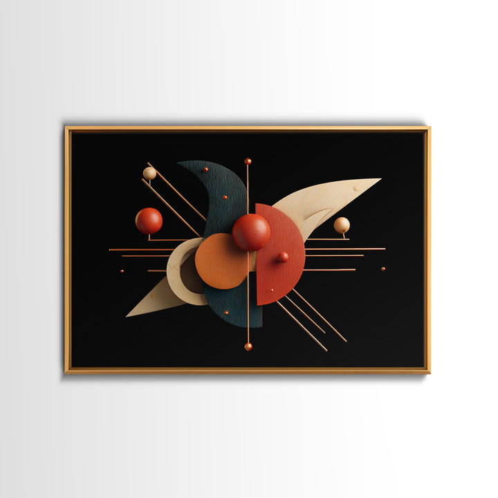 Atomic Sphere Sculpture Wall Art, Black Orange Geometric Canvas Print, Midcentury Modern Abstract Large Retro MCM Office Decor