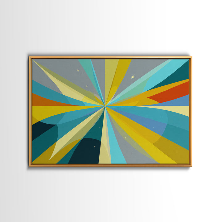 Radiant Starburst Wall Art, Blue Yellow Geometric Abstract Print, Midcentury Modern Decor, Retro MCM Large Living Room Decor