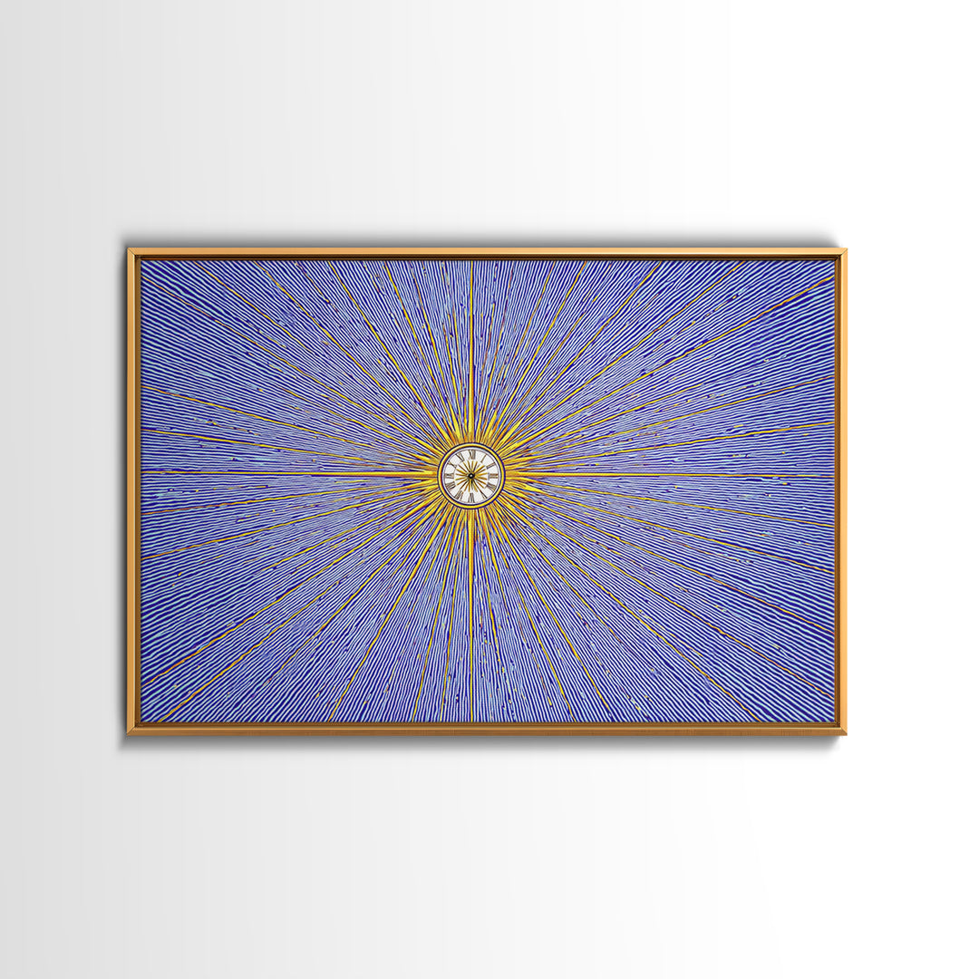 Blue Gold Radial Starburst Clock Canvas Print, Mid Century Modern Wall Decor, Atomic Retro Art Print, MCM Home Decor, Living Room Artwork