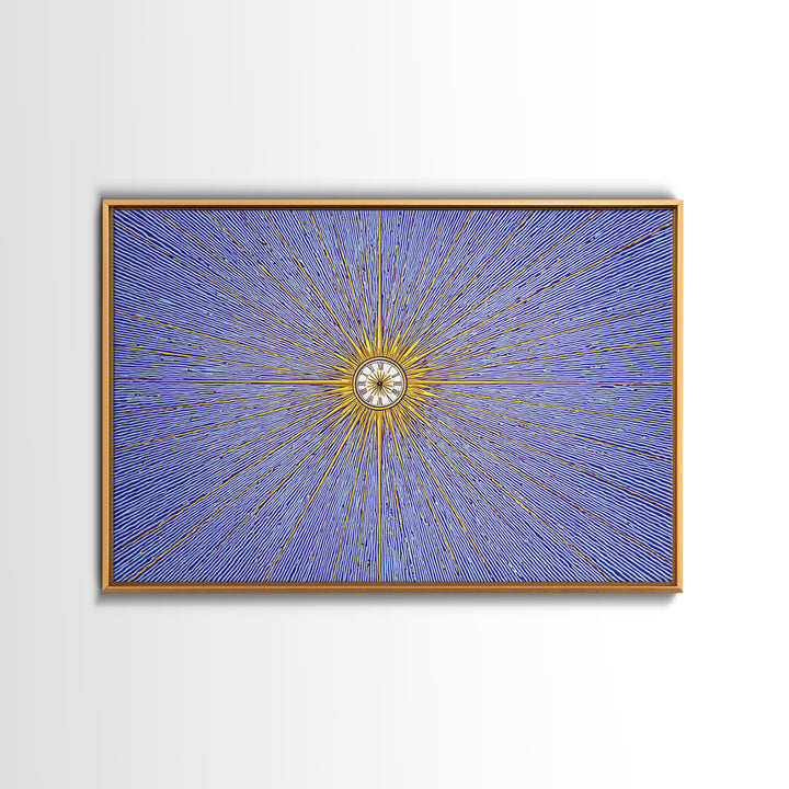 Blue Gold Radial Starburst Clock Canvas Print, Mid Century Modern Wall Decor, Atomic Retro Art Print, MCM Home Decor, Living Room Artwork