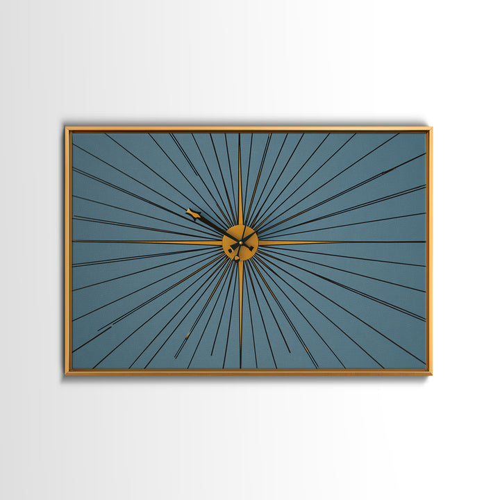 Minimal Gold Starburst Clock On Teal Wall Art, Mid Century Modern Decor, Atomic Geometric Art Print, Retro MCM Poster, Home Office Decor