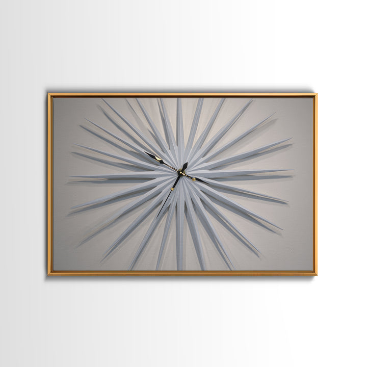 White Sculptural Starburst Clock Framed Canvas Print, Mid Century Modern Wall Decor, Minimalist MCM Art For Bedroom, Living Room Decor