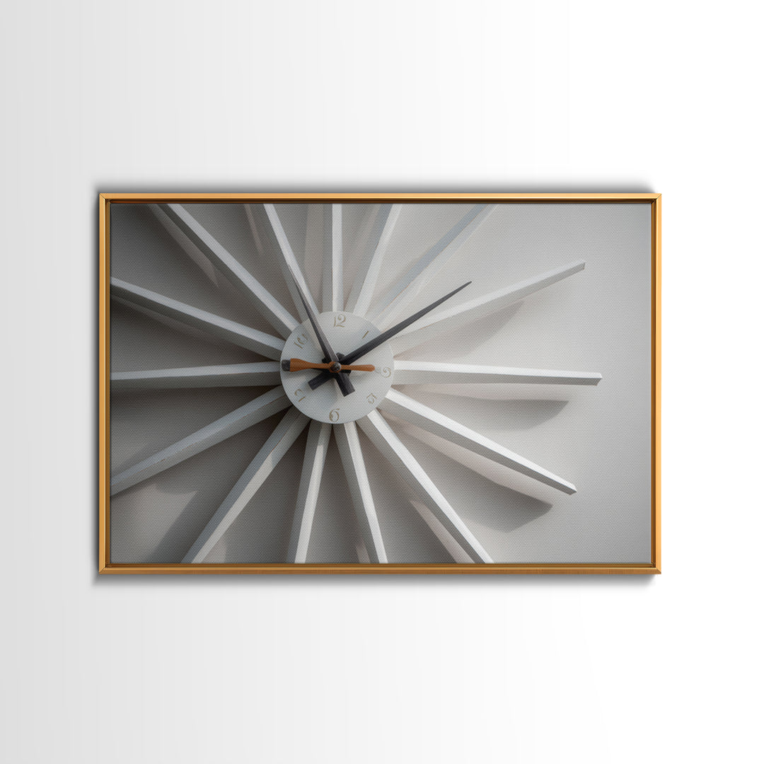 Close Up White Atomic Clock Canvas Print, Mid Century Modern Decor, Minimalist Wall Art, Retro MCM Living Room Poster Print