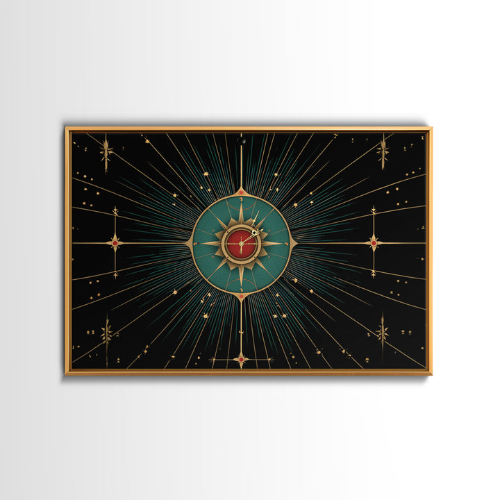 Celestial Teal Compass Clock Framed Canvas Print, Mid Century Modern Wall Decor, Atomic Starburst Art, Retro MCM Poster Print