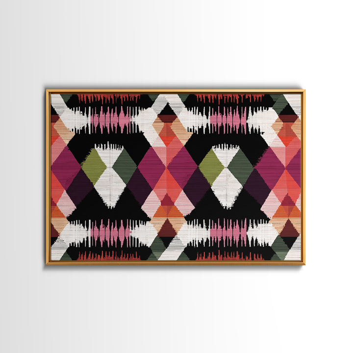 Colorful Diamond Ikat Pattern Framed Canvas Print, Retro Geometric Wall Art, Boho Mid Century Decor, Bold Abstract Poster