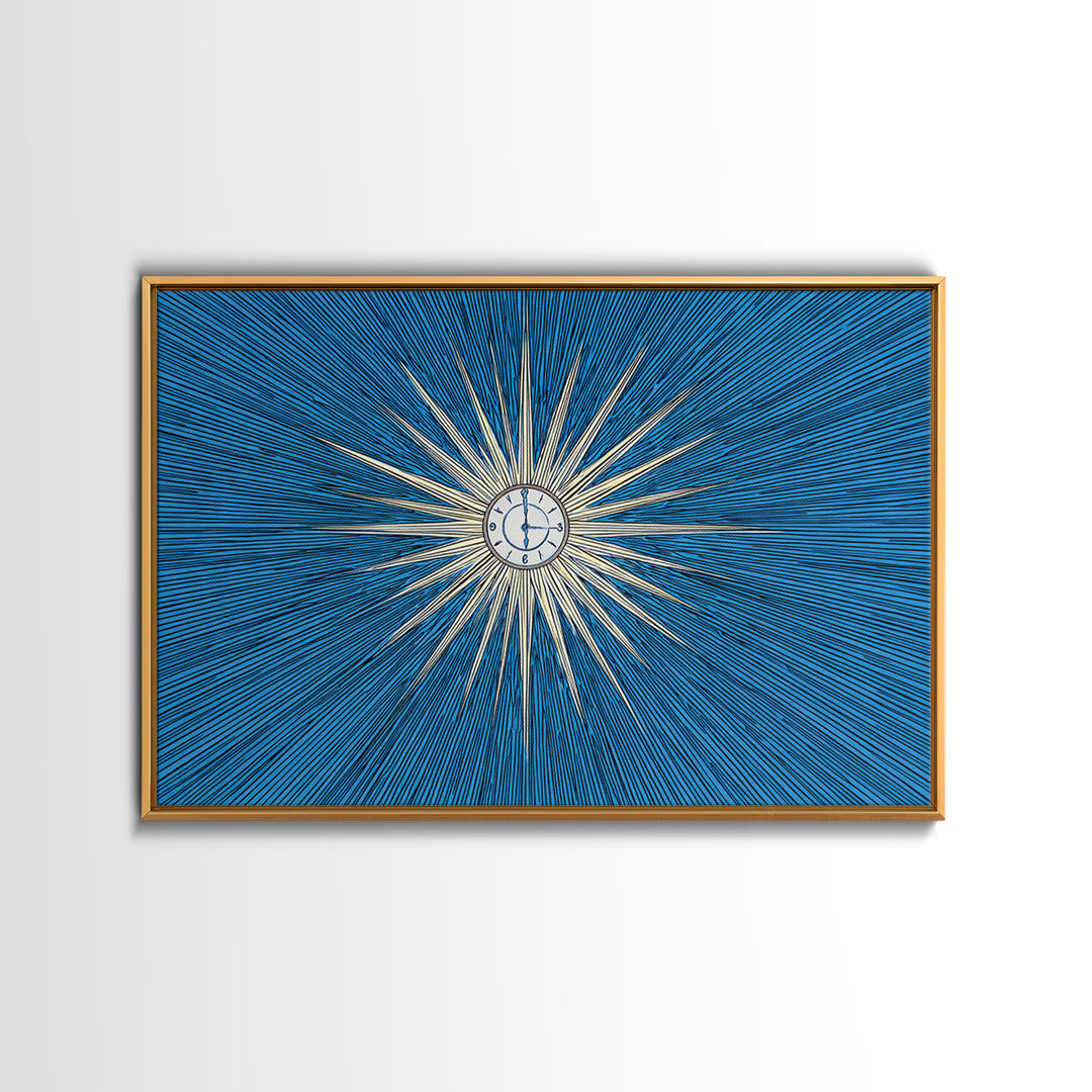 Blue White Radial Starburst Clock Canvas Print, Mid Century Modern Wall Decor, Atomic Retro Art Print, MCM Home Office Decor
