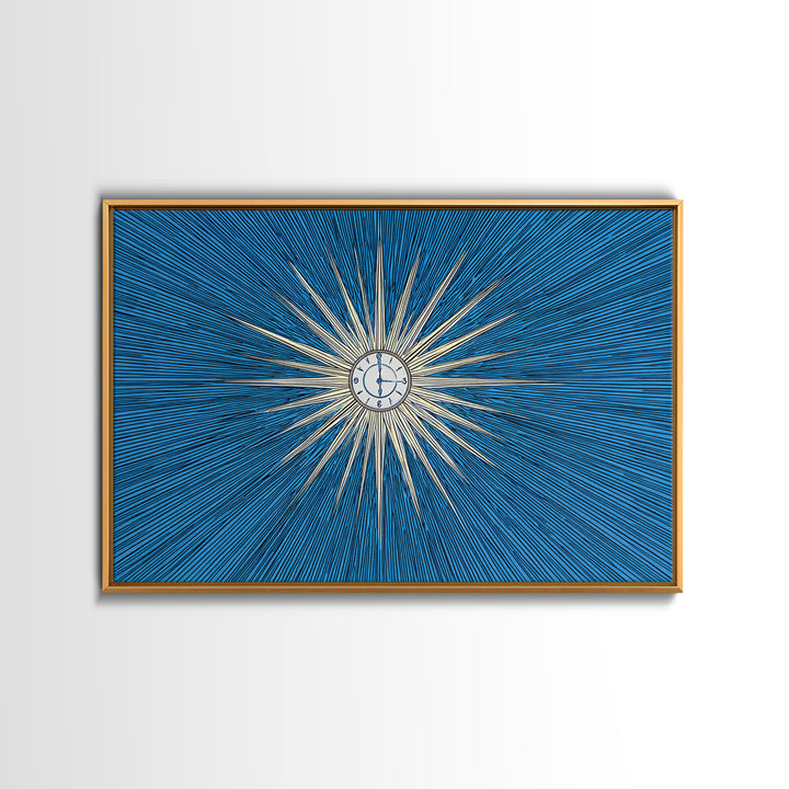 Blue White Radial Starburst Clock Canvas Print, Mid Century Modern Wall Decor, Atomic Retro Art Print, MCM Home Office Decor