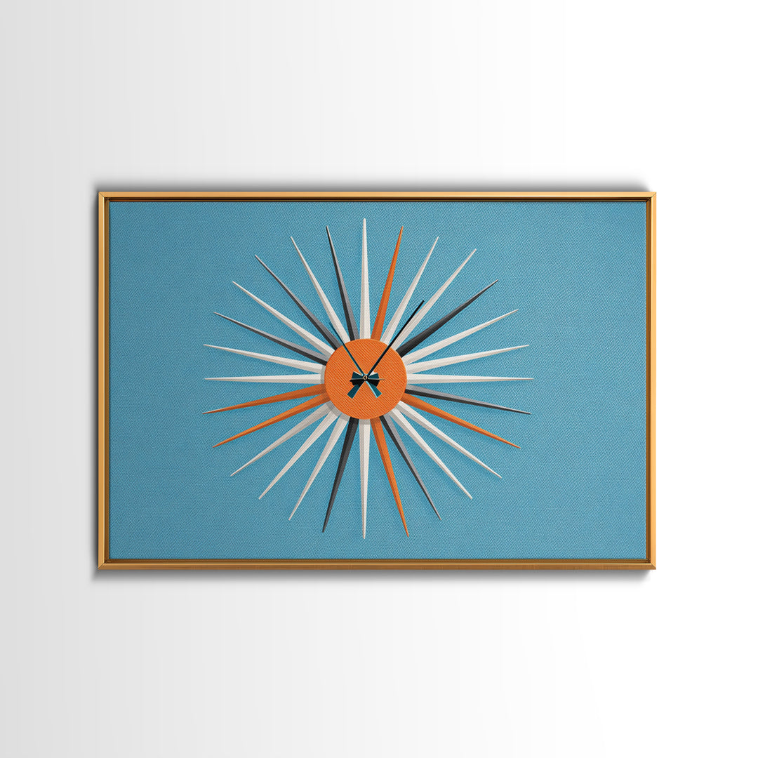 Orange Sunburst Clock On Blue Wall Art, Midcentury Modern Art, Atomic Starburst Print, Retro Wall Decor For Living Room Art