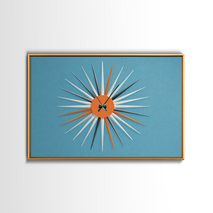 Orange Sunburst Clock On Blue Wall Art, Midcentury Modern Art, Atomic Starburst Print, Retro Wall Decor For Living Room Art