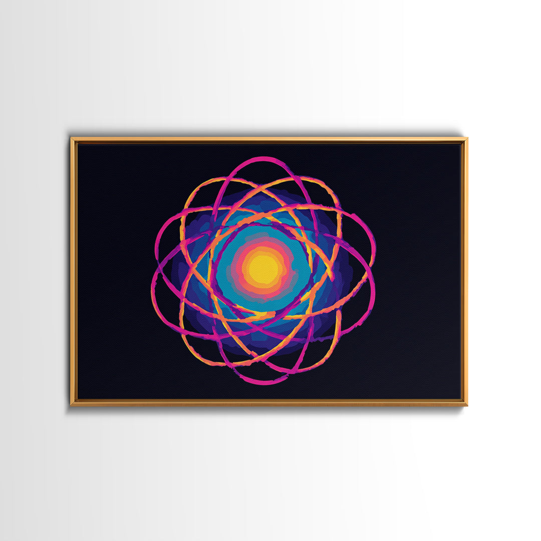 Glowing Rainbow Atom On Navy Framed Canvas Print, Bright Abstract Art, Modern Wall Art, Colorful Sci Fi Retro Poster Print