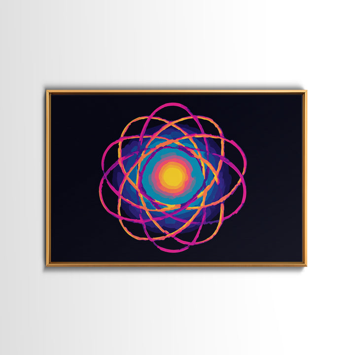 Glowing Rainbow Atom On Navy Framed Canvas Print, Bright Abstract Art, Modern Wall Art, Colorful Sci Fi Retro Poster Print