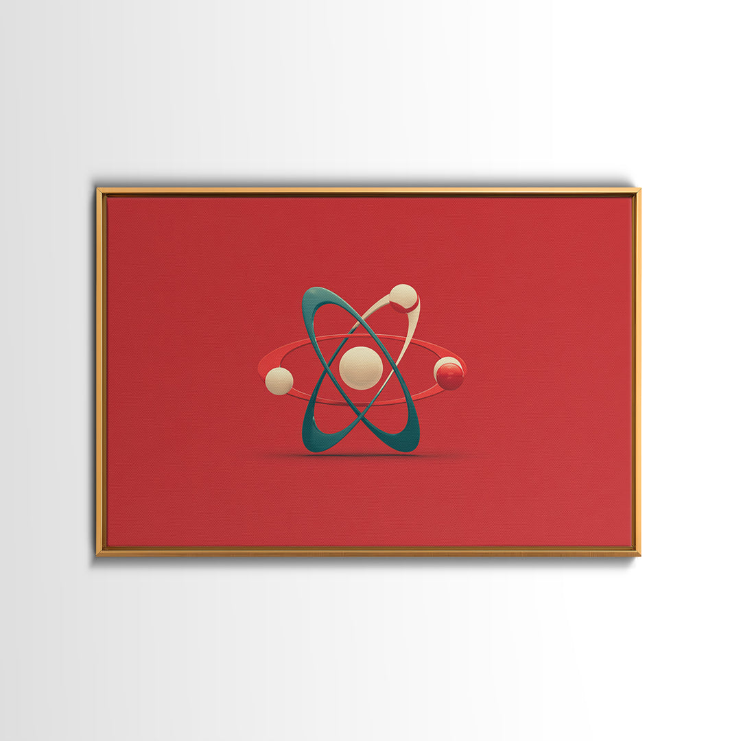 Minimal 3D Atom Sculpture On Red Canvas Print, Midcentury Modern Art, Retro Science Poster, Modern Wall Decor Gift For Him