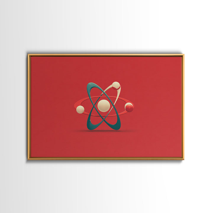 Minimal 3D Atom Sculpture On Red Canvas Print, Midcentury Modern Art, Retro Science Poster, Modern Wall Decor Gift For Him