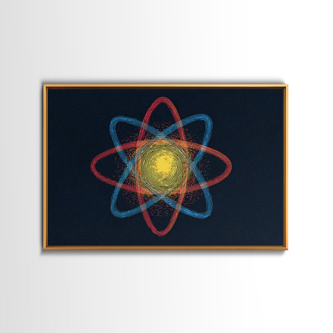 Etched Yellow Atom On Dark Blue Canvas Print, Atomic Retro Art, Midcentury Wall Art, Space Abstract Art For Office Decor