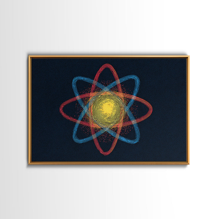 Etched Yellow Atom On Dark Blue Canvas Print, Atomic Retro Art, Midcentury Wall Art, Space Abstract Art For Office Decor