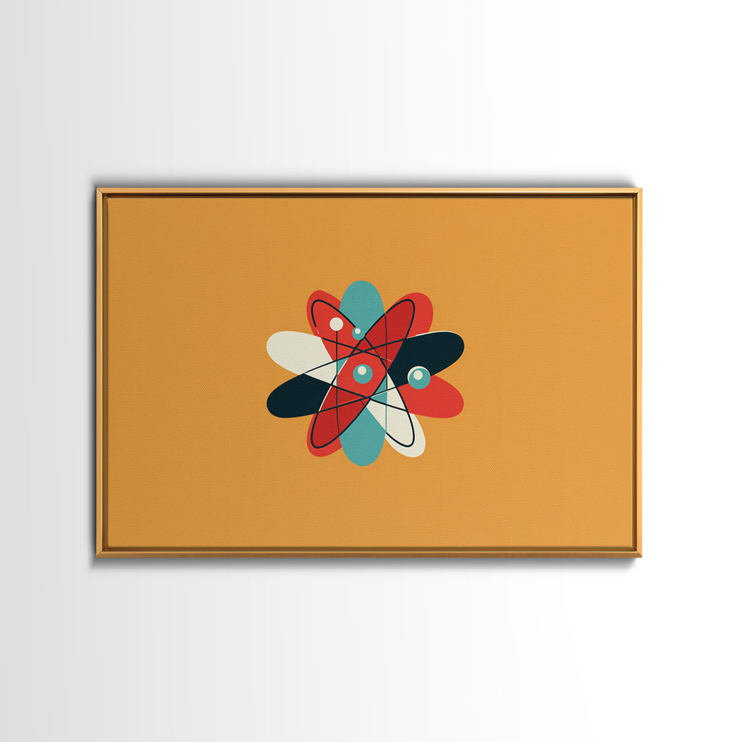 Flat Atomic Flower On Mustard Wall Art, Midcentury Modern Art, Geometric Poster, Retro Wall Decor For Kids Room And Nursery