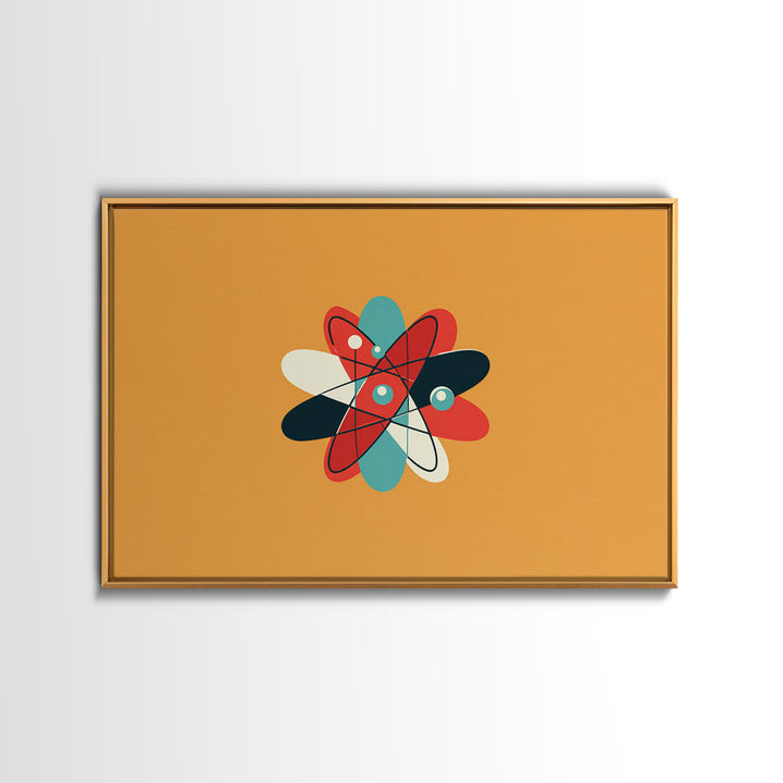 Flat Atomic Flower On Mustard Wall Art, Midcentury Modern Art, Geometric Poster, Retro Wall Decor For Kids Room And Nursery