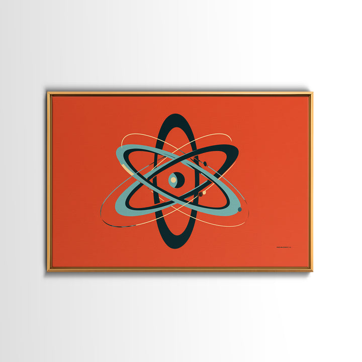 Teal Black Atomic Orbit On Orange Framed Canvas Print, Retro Modern Poster, Midcentury Wall Art, Bold MCM Wall Decor Art