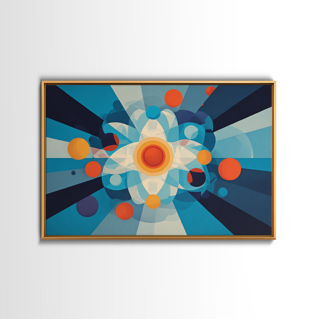 Geometric Atomic Burst With Circles Wall Art, Midcentury Modern Art, Blue Orange Abstract Poster, Statement Wall Decor Art