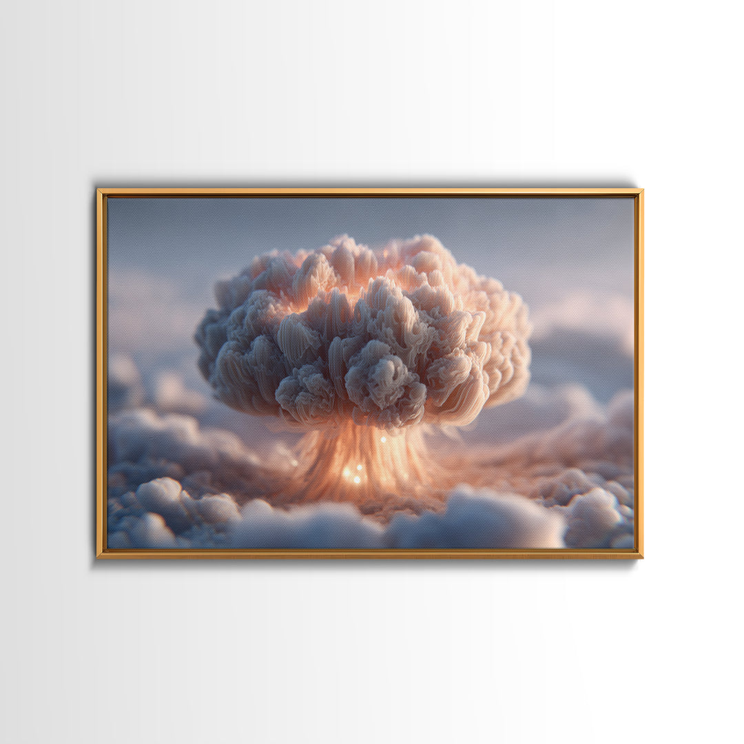 Dreamy Peach Mushroom Cloud Framed Canvas Print, Modern Abstract Art, Surreal Cloudscape, Soft Pastel Bedroom Decor, Gallery Wall Art