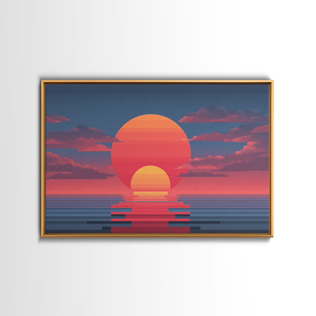 Retro Double Sun Ocean Wall Art, Midcentury Modern Art Print, Vaporwave Sunset Poster, Pink Blue Living Room Decor, Digital Art Print