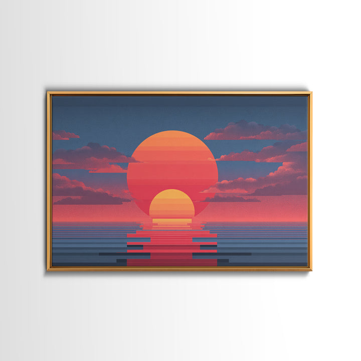 Retro Double Sun Ocean Wall Art, Midcentury Modern Art Print, Vaporwave Sunset Poster, Pink Blue Living Room Decor, Digital Art Print