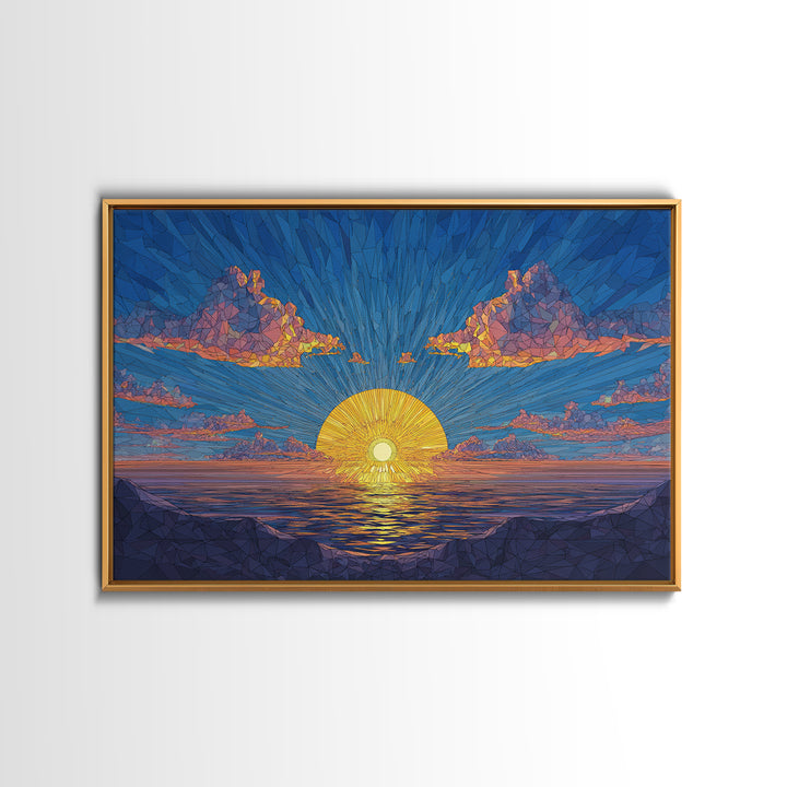 Polygon Sunset Ocean Framed Canvas Print, Midcentury Modern Wall Art, Geometric Seascape Poster, Colorful Home Decor, Blue Art Print