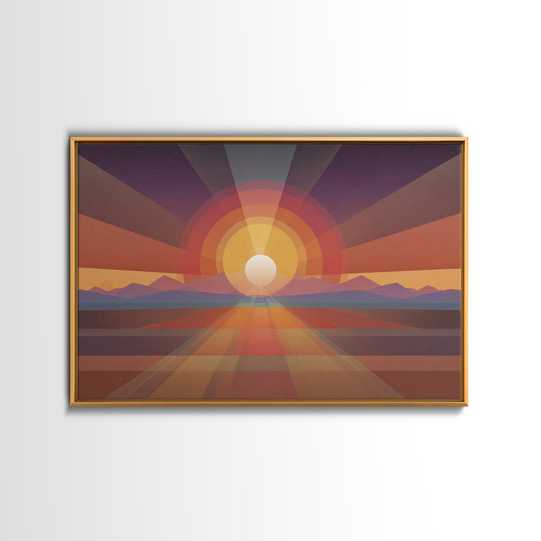 Geometric Desert Sunrise Wall Art, Midcentury Modern Abstract Art, Orange Sun Poster, Boho Southwestern Home Decor, Canvas Print