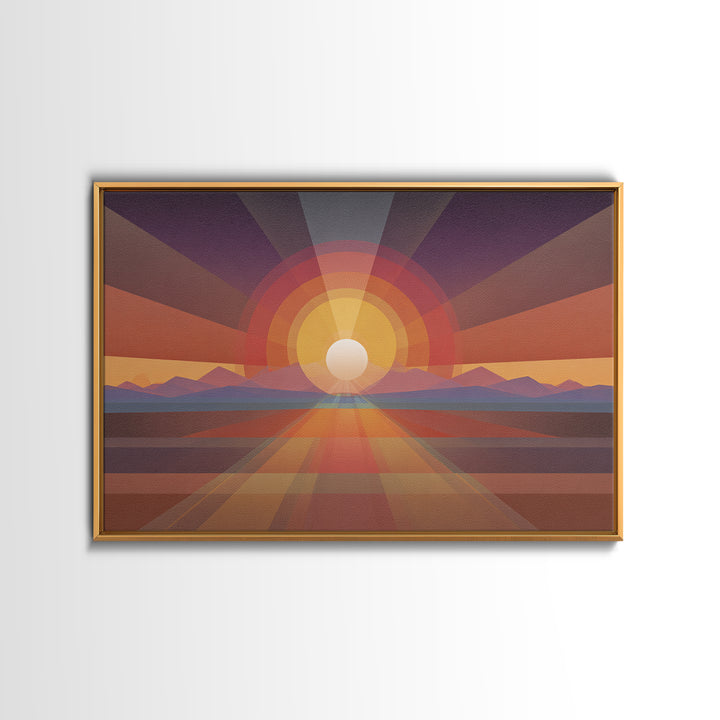 Geometric Desert Sunrise Wall Art, Midcentury Modern Abstract Art, Orange Sun Poster, Boho Southwestern Home Decor, Canvas Print