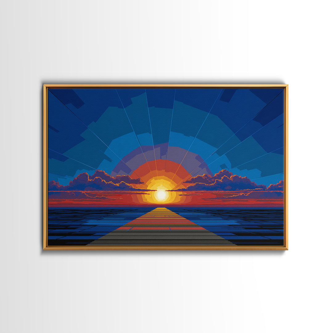 Bold Blue Sunset Pier Canvas Print, Retro Modern Wall Art, Midcentury Ocean Poster, Graphic Living Room Wall Decor, Large Art Print