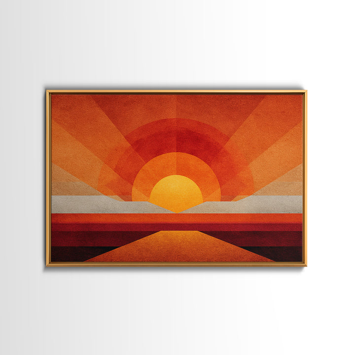 Orange Desert Sun Road Wall Art, Midcentury Modern Poster, Abstract Geometric Landscape, Burnt Orange Home Decor, Canvas Print