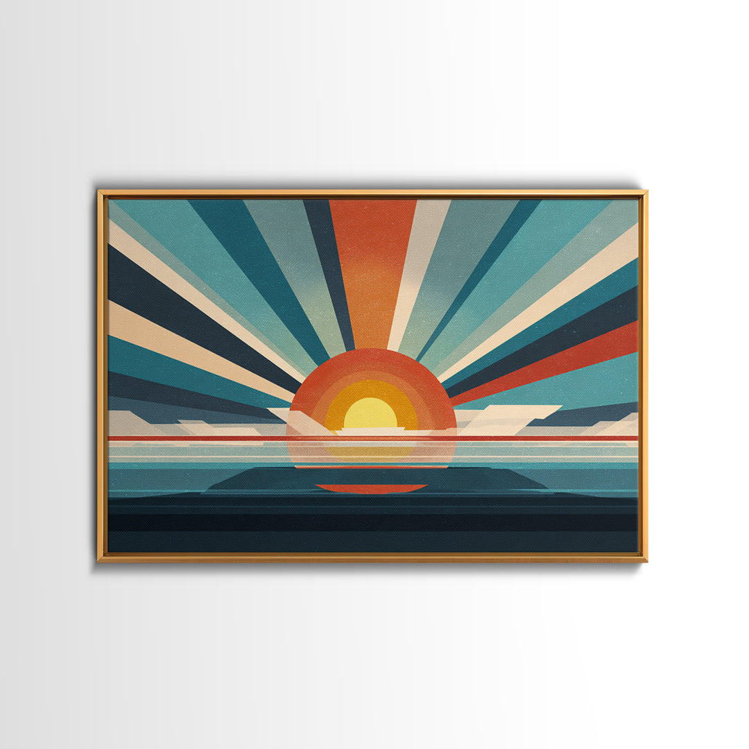 Retro Radial Sunrise Ocean Framed Canvas Print, Midcentury Modern Wall Art, Teal Orange Poster, Atomic MCM Decor, Living Room Art