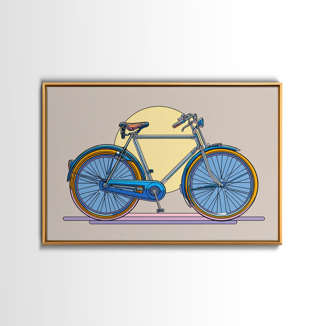 Blue Cruiser Bicycle Canvas Print, Midcentury Modern Wall Art, Retro Bike Poster, Yellow Sun Decor For Home Office Decor Gift