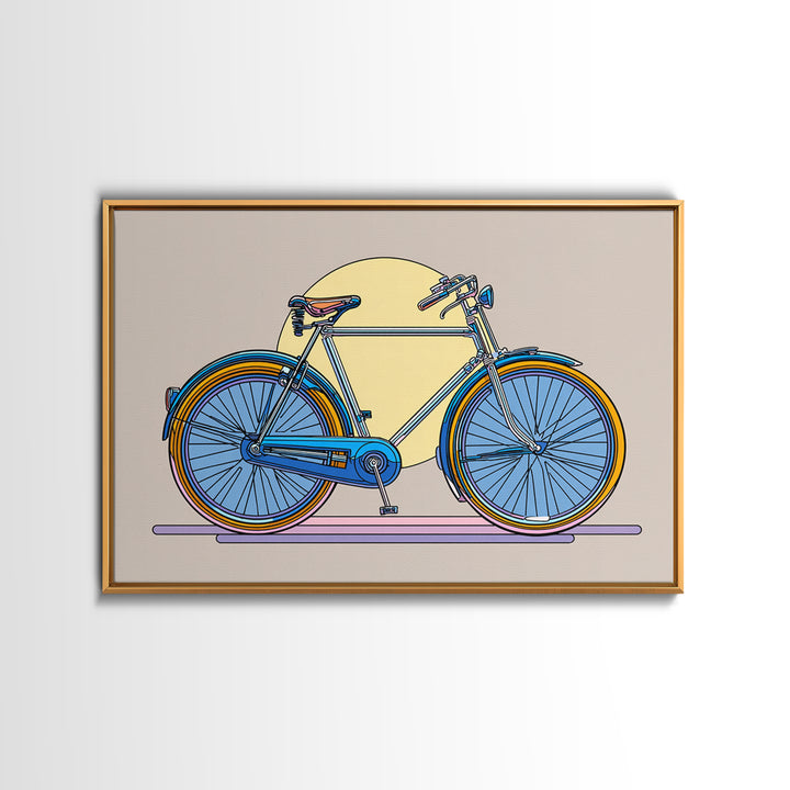 Blue Cruiser Bicycle Canvas Print, Midcentury Modern Wall Art, Retro Bike Poster, Yellow Sun Decor For Home Office Decor Gift