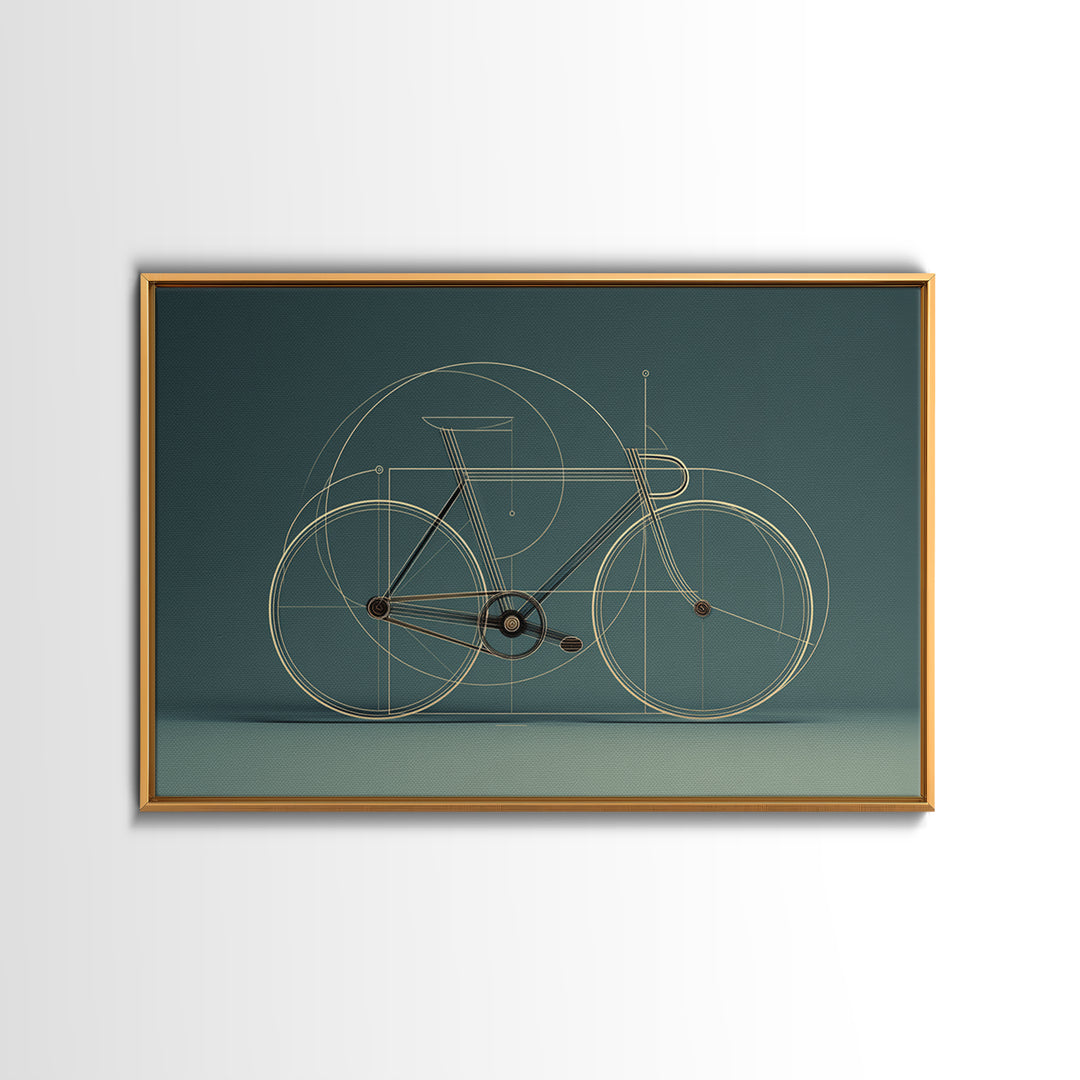 Minimal Line Bicycle Framed Canvas Print, Midcentury Modern Wall Art, Teal Geometric Bike Decor, Office Poster Print Gift