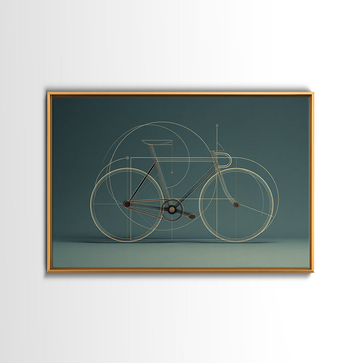 Minimal Line Bicycle Framed Canvas Print, Midcentury Modern Wall Art, Teal Geometric Bike Decor, Office Poster Print Gift