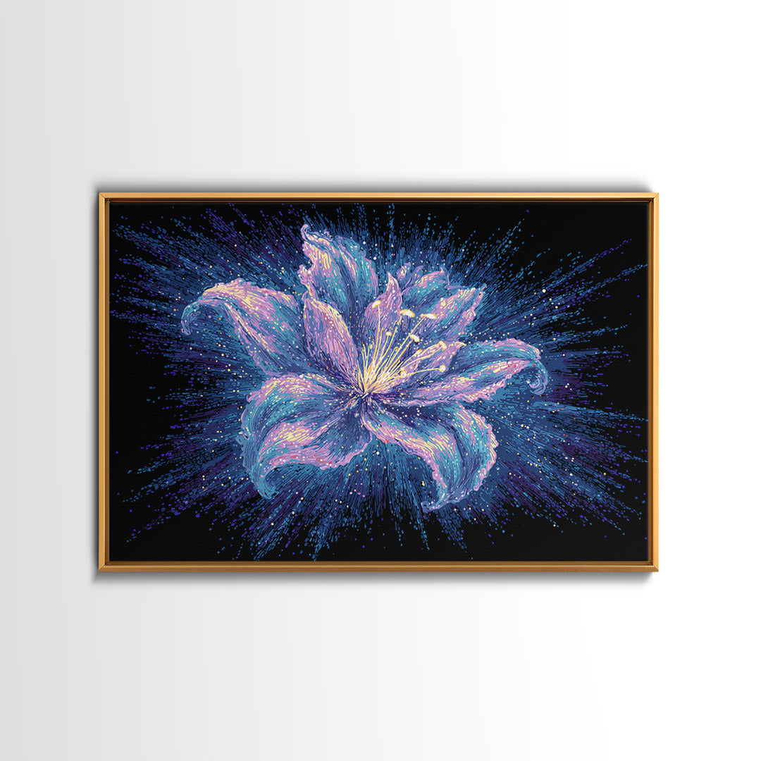 Electric Purple Lily Canvas Print, Glowing Botanical Flower, Cosmic Floral Wall Decor, Modern Abstract Art For Bedroom Decor