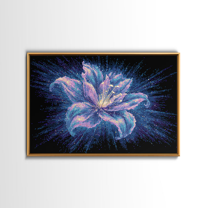 Electric Purple Lily Canvas Print, Glowing Botanical Flower, Cosmic Floral Wall Decor, Modern Abstract Art For Bedroom Decor