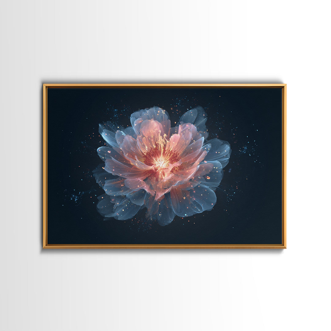 Luminous Peach Blue Blossom Framed Canvas Print, Ethereal Flower Wall Art, Modern Botanical Decor, Romantic Bedroom Art Print
