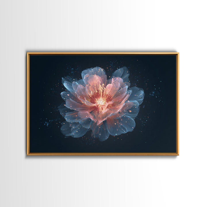 Luminous Peach Blue Blossom Framed Canvas Print, Ethereal Flower Wall Art, Modern Botanical Decor, Romantic Bedroom Art Print