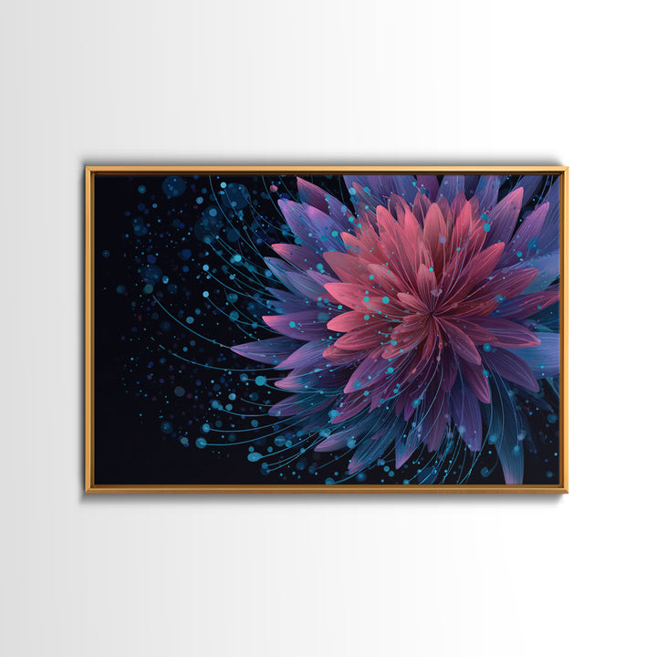 Magenta Purple Dahlia Wall Art, Electric Floral Abstract, Blue Splatter Botanical Poster, Modern Home Decor Canvas Print