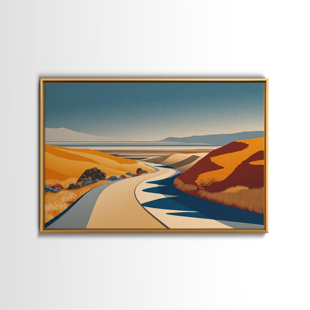 Golden Coastal Road And Orange Hills Wall Art, Midcentury Modern Desert Landscape, Retro Travel Poster, Scenic Home Decor
