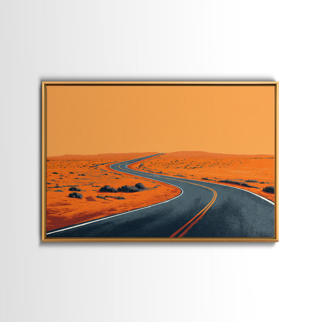 Orange Desert Highway Curve Wall Art, Minimalist Landscape, Midcentury Modern Art Print, Retro Road Poster, Mid Century Decor Gift