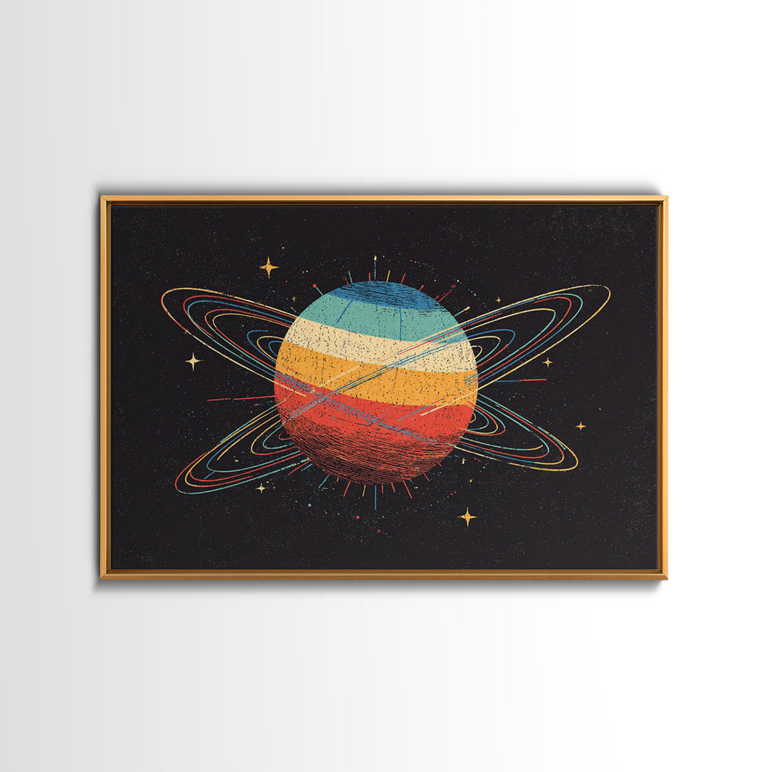 Retro Ringed Planet Canvas Print, Saturn Inspired Space Abstract Art, Midcentury Modern Wall Home Decor, Cosmic Poster Gift