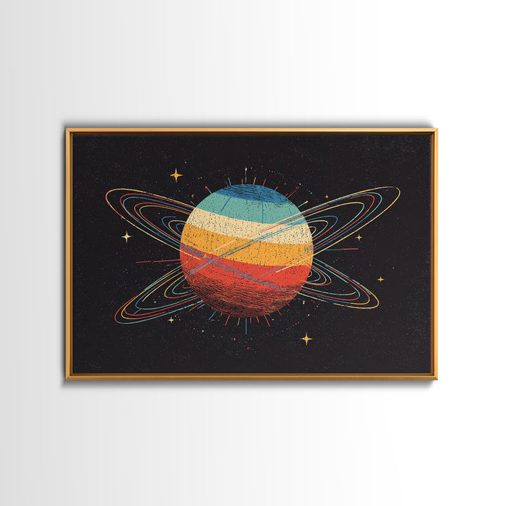 Retro Ringed Planet Canvas Print, Saturn Inspired Space Abstract Art, Midcentury Modern Wall Home Decor, Cosmic Poster Gift