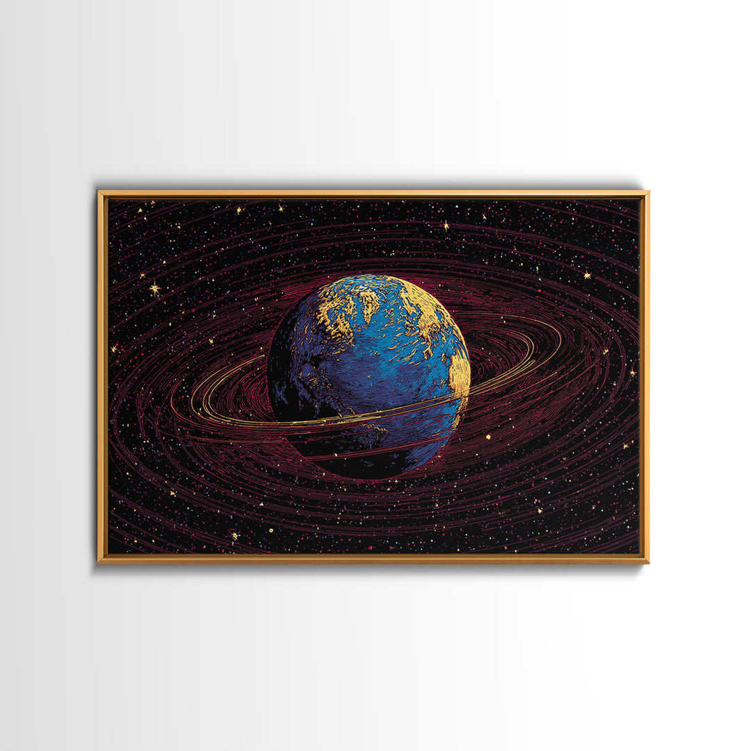 Blue Earth With Golden Rings Wall Art, Cosmic Abstract Space Poster, Modern Digital Art Print, Galaxy Home Office Decor Gift