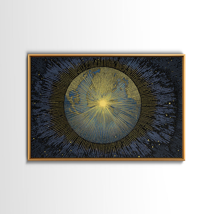 Golden Radiant Sun Planet Canvas Print, Cosmic Space Abstract Art, Midcentury Modern Wall Home Decor, Celestial Poster Gift